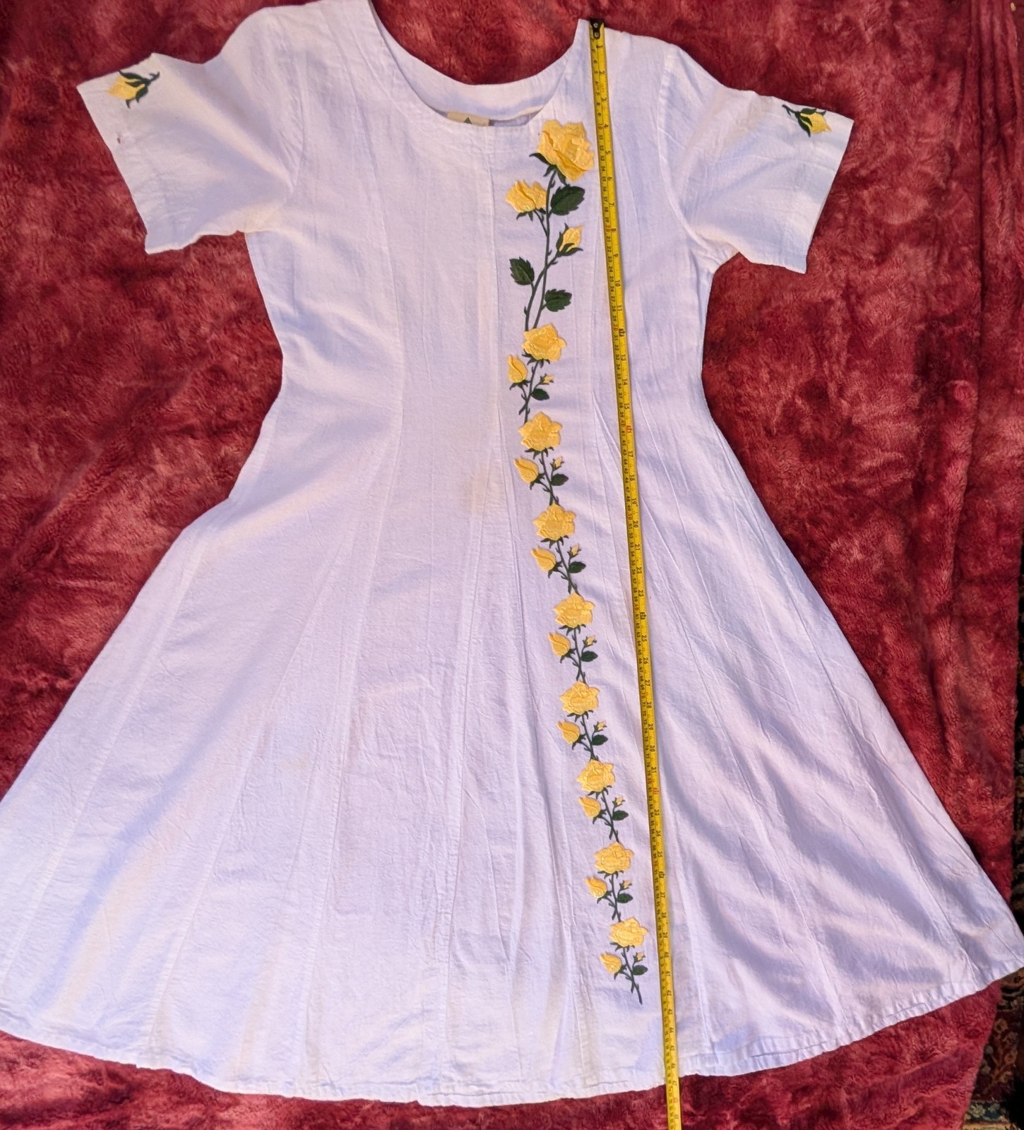 OOAK White Cotton VTG Maxi Dress Sz S Yellow Rose Appliques Cottagecore Boho