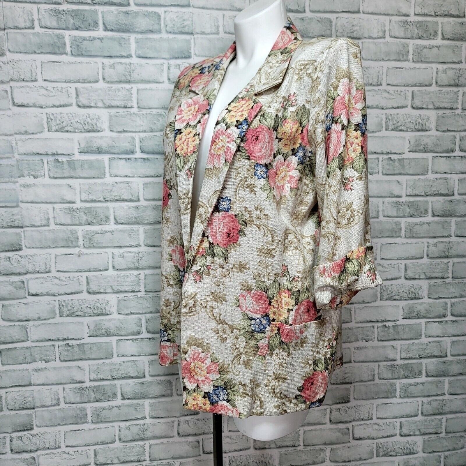 Vintage Joanna Womens L Cottagecore Floral 3/4 Cuffed Sleeve Open Front Blazer