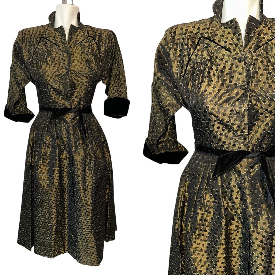 Vintage 1950s Prestige Junior Fit Flare Dress Gold Polka Dot New Look Size XS