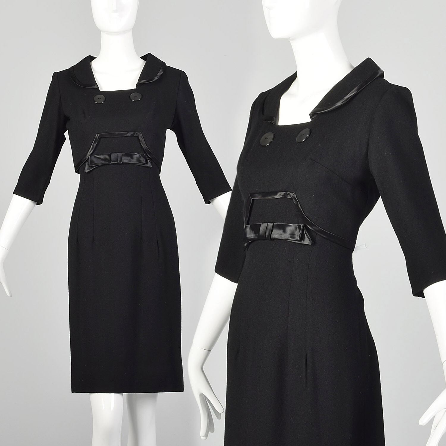 S 1950s Black Dress Wool Pencil Sheath Classic LBD Pinup Rockabilly Bow 50s VTG