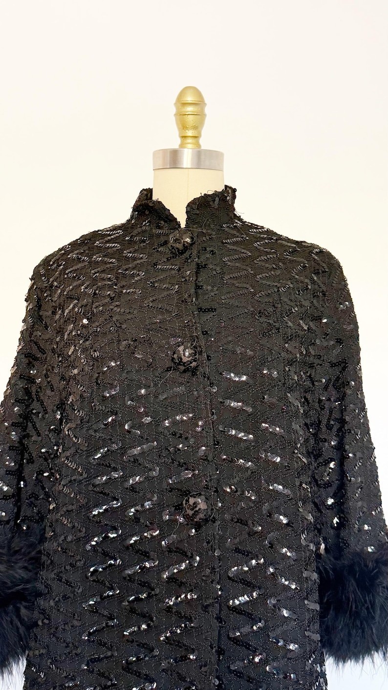 1960s Sequin Coat / Black Sequin Coat / Feather Trim Coat / Size Large