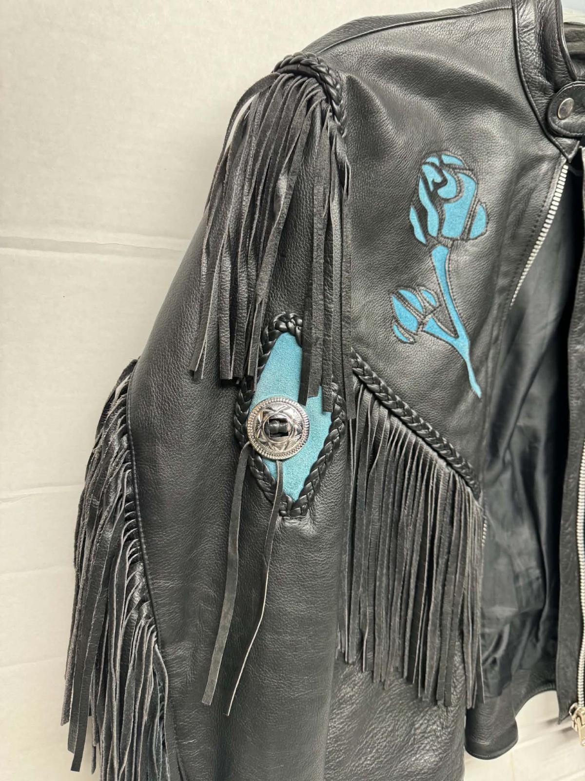 Vintage Black Leather Biker Jacket Women’s Fringe Turquoise Rose Appliqué