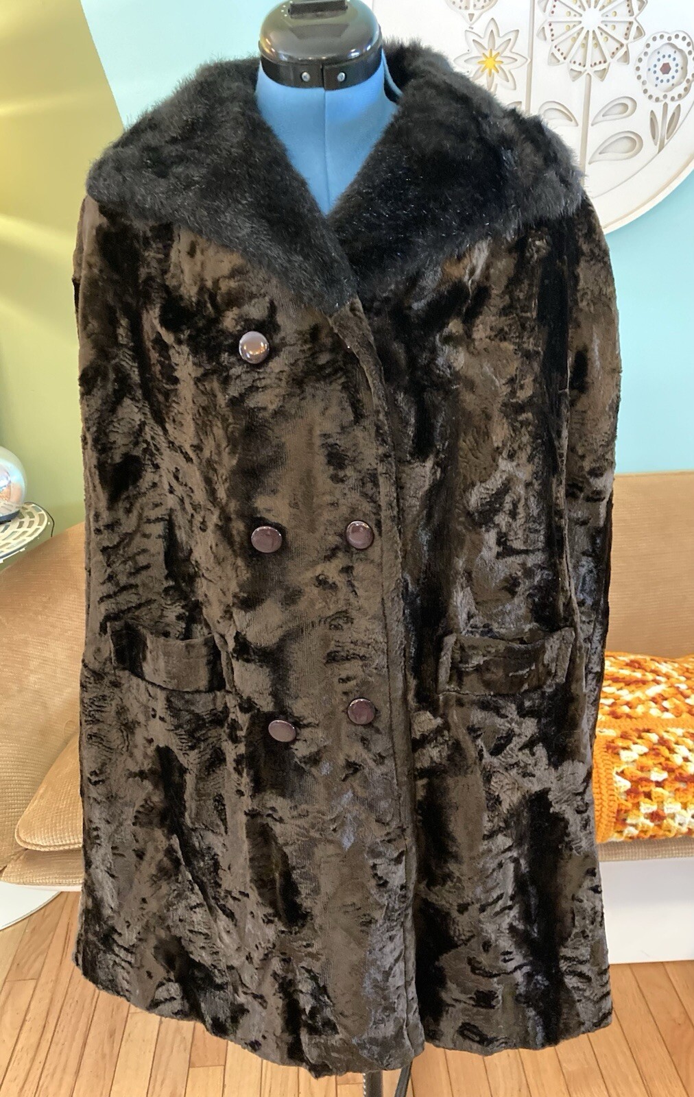 Vintage Mar-Del by Rice Brown Collared Faux Fur Cape Coat 1960’s Poncho MCM