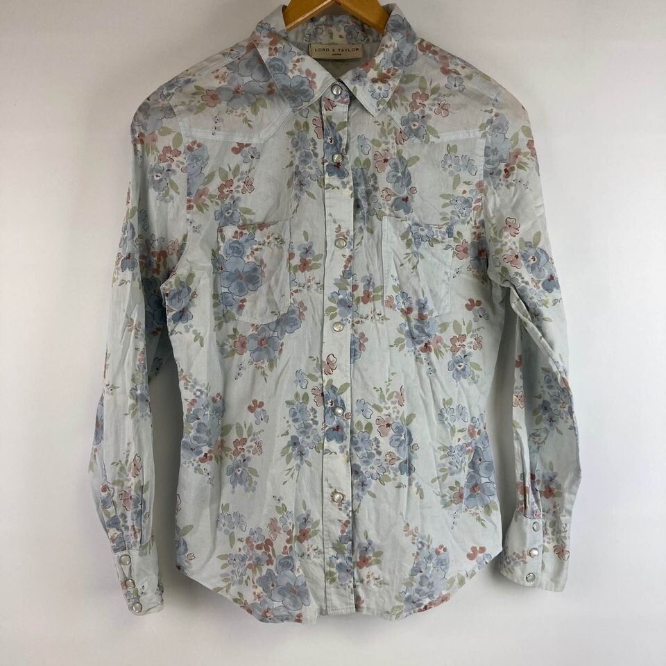 VTG Lord & Taylor Petite 8 S M Western Prairie Floral Blouse Snap Button Down