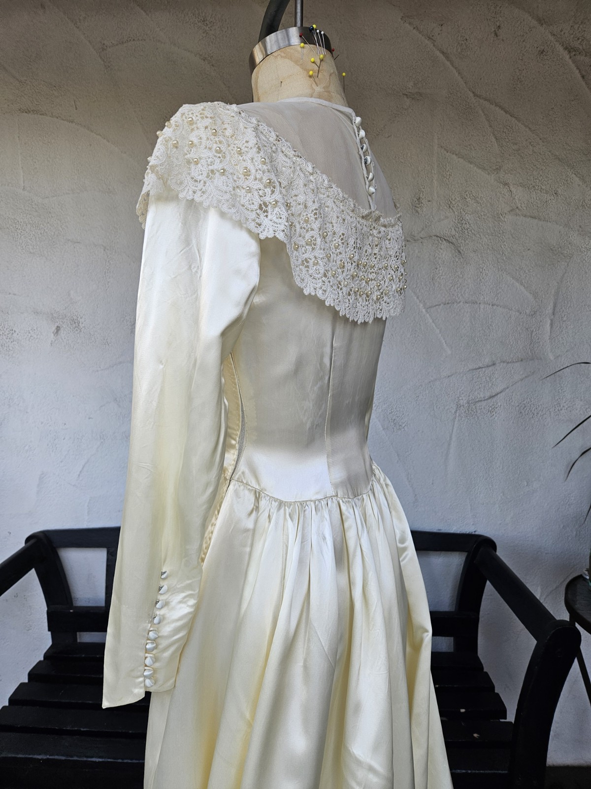 Vintage Classic 1940s-1950s Silky Satin Long Sleeve Wedding Dress W/train Lace 8