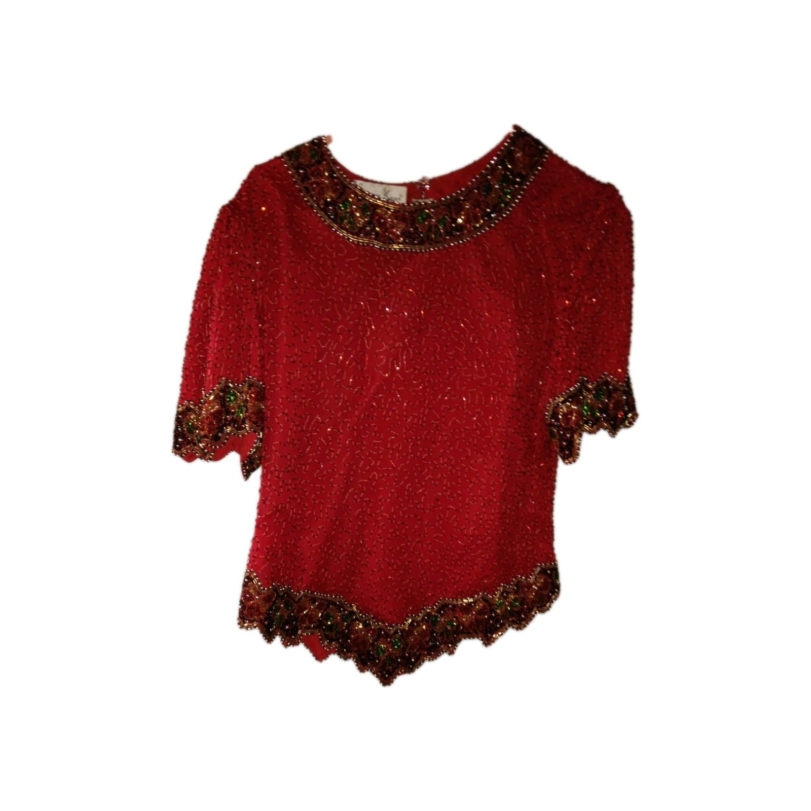 vintage Laurence Kazar red silk beaded and sequined holiday top XL