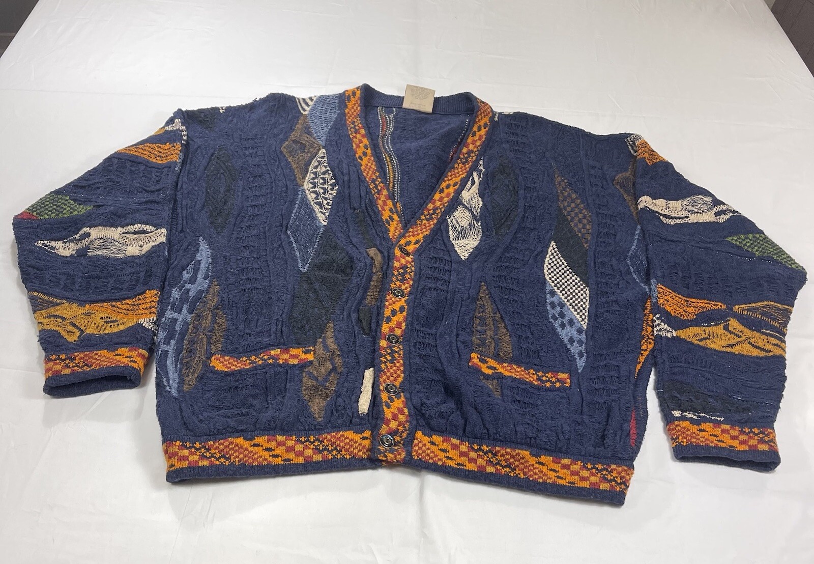 Vintage COOGI XL Classic Cardigan Sweater Button 3D Knit Multicolor Pockets 90s