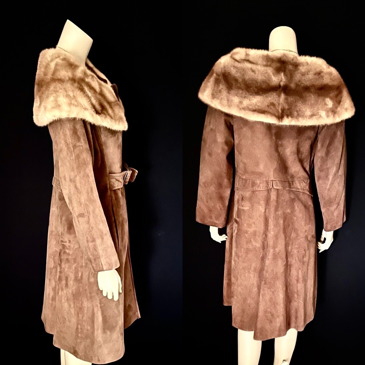 1960s, 1970s Mink Collared Light Cocoa Brown Suede Coat, Fitted, Belted, Sm- Med