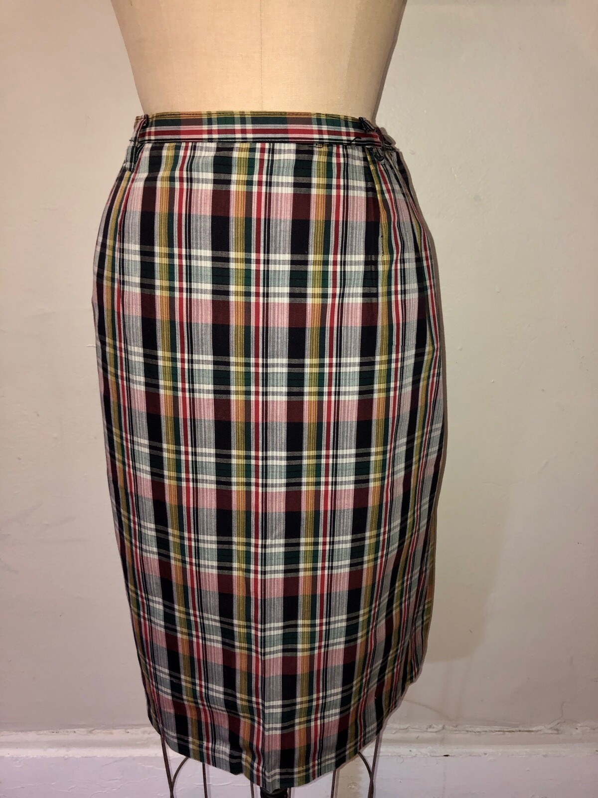 VTG 50’S-60’S HANDMADE RED BLUE GREEN SLIM PENCIL PLAID CHECK PRINT SKIRT*S