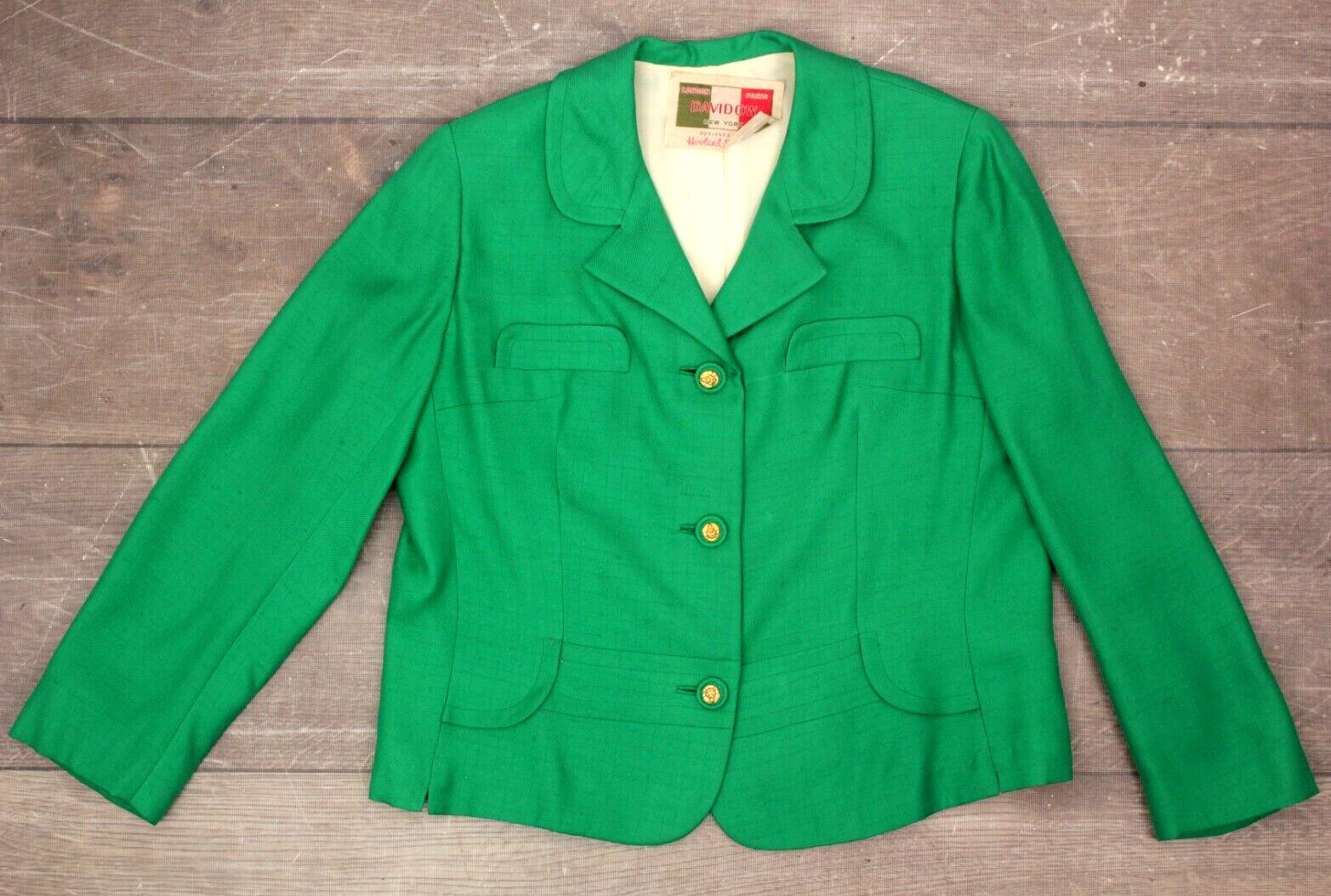 VTG Women’s 60s 2 Pc Kelly Green Dress Suit Set W/ Lion Head Buttons M/L 1960s