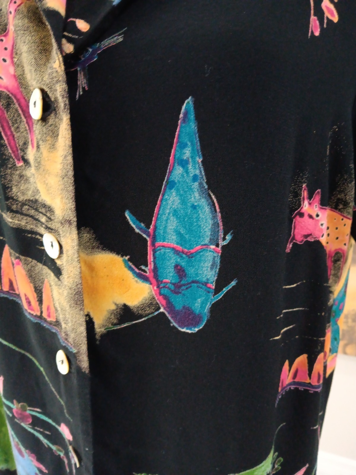 Vtg Jeffrey & Dara Button-Up Shirt Dress, Medium?, 90s Wearable Art, Cats, Fish