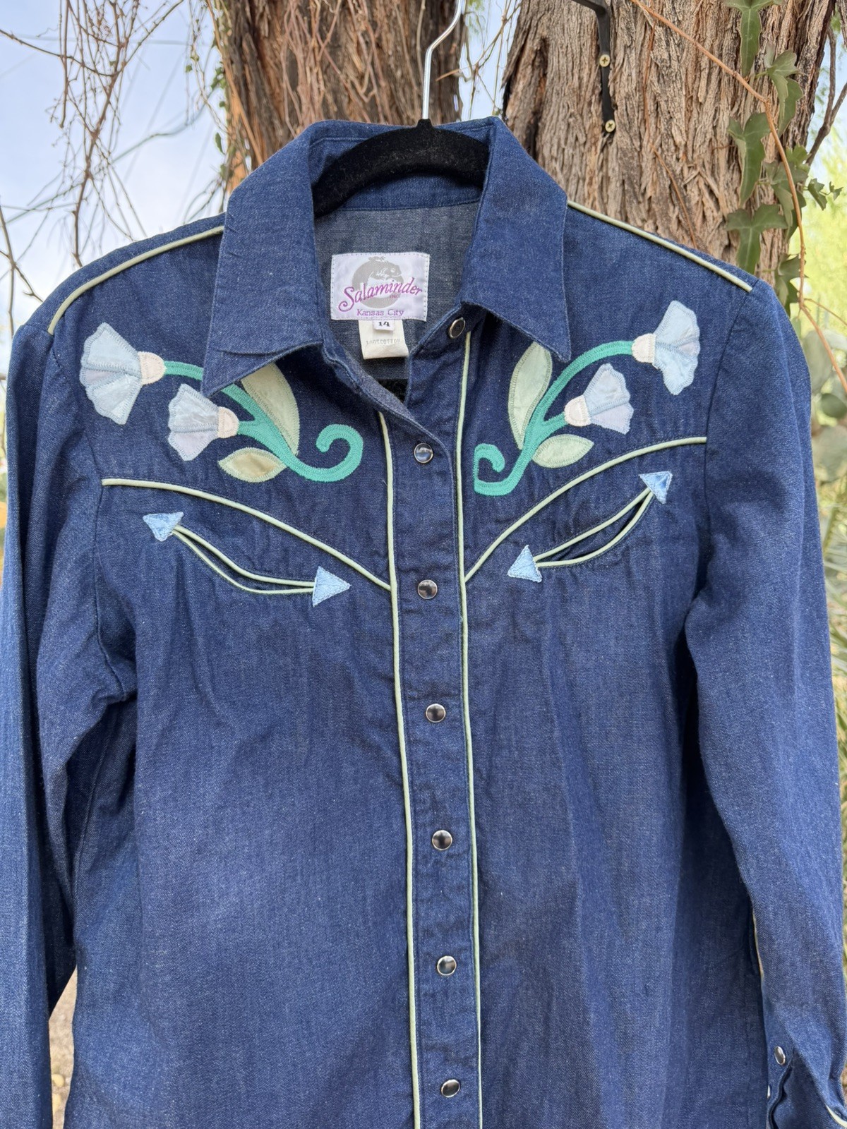 Vtg 70s Salaminder Kansas City Western Dress RARE Pearl Snap Flowers Blue Denim
