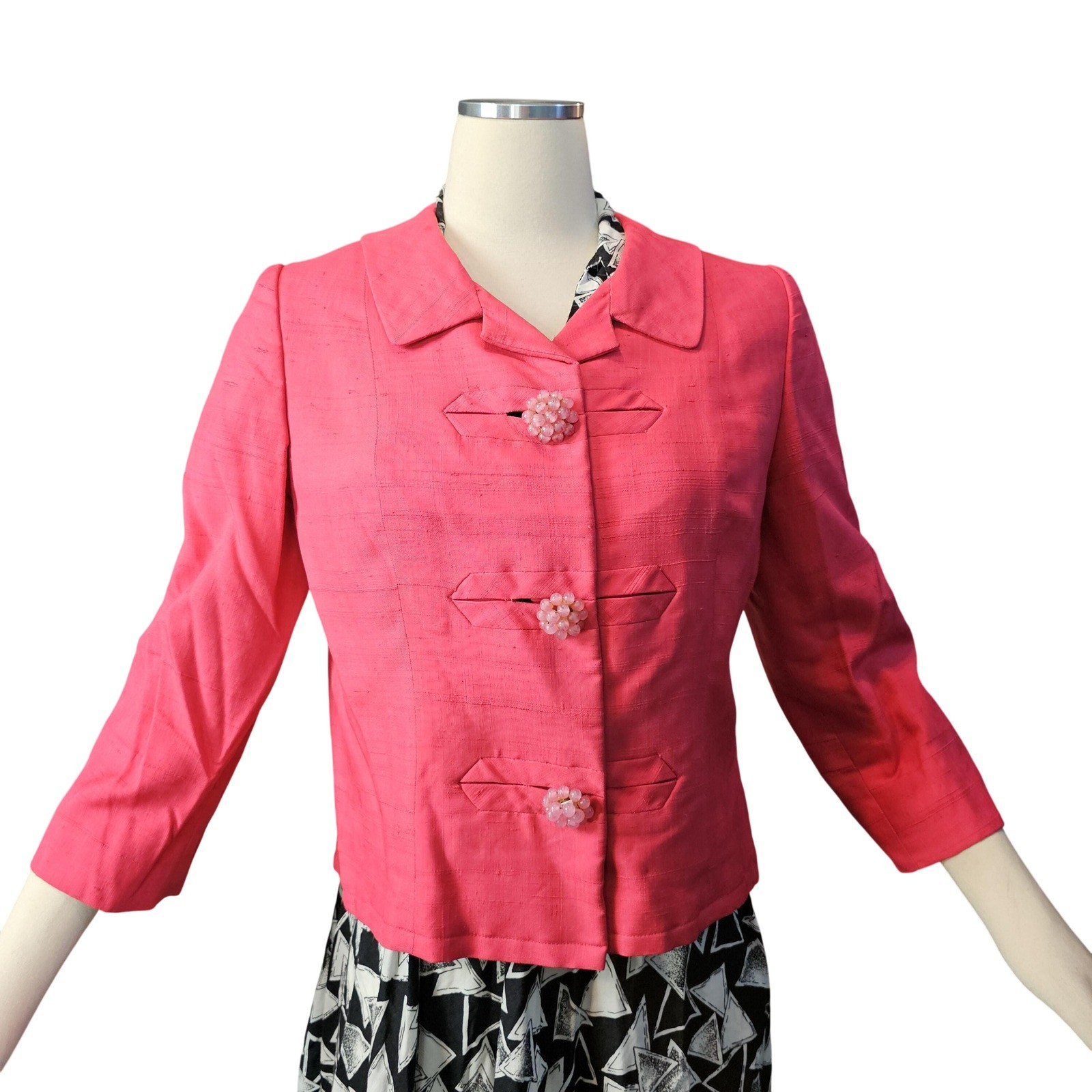 Vintage 1960’s Jacket Bright Pink Half Sleeve Beaded Buttons Blazer Barbie