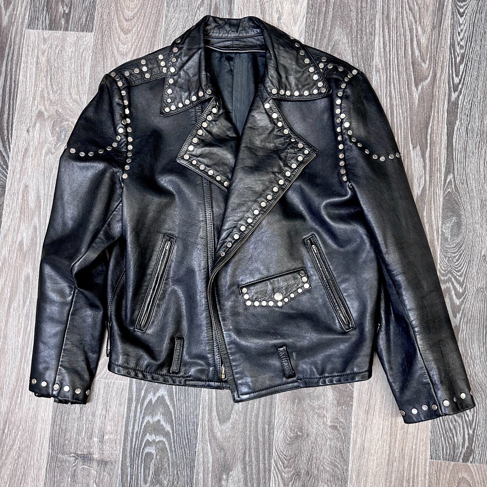 Vintage Leather Motorcycle Jacket 90s Black Studded Biker Punk Coat L/XL
