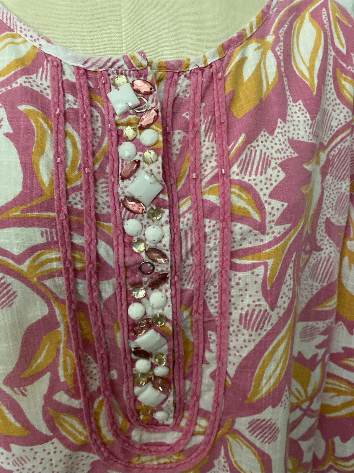 Pappagallo Dora VTG 80s Large BejewelVented Tunic Top/Beach/Resort Wear (Read)