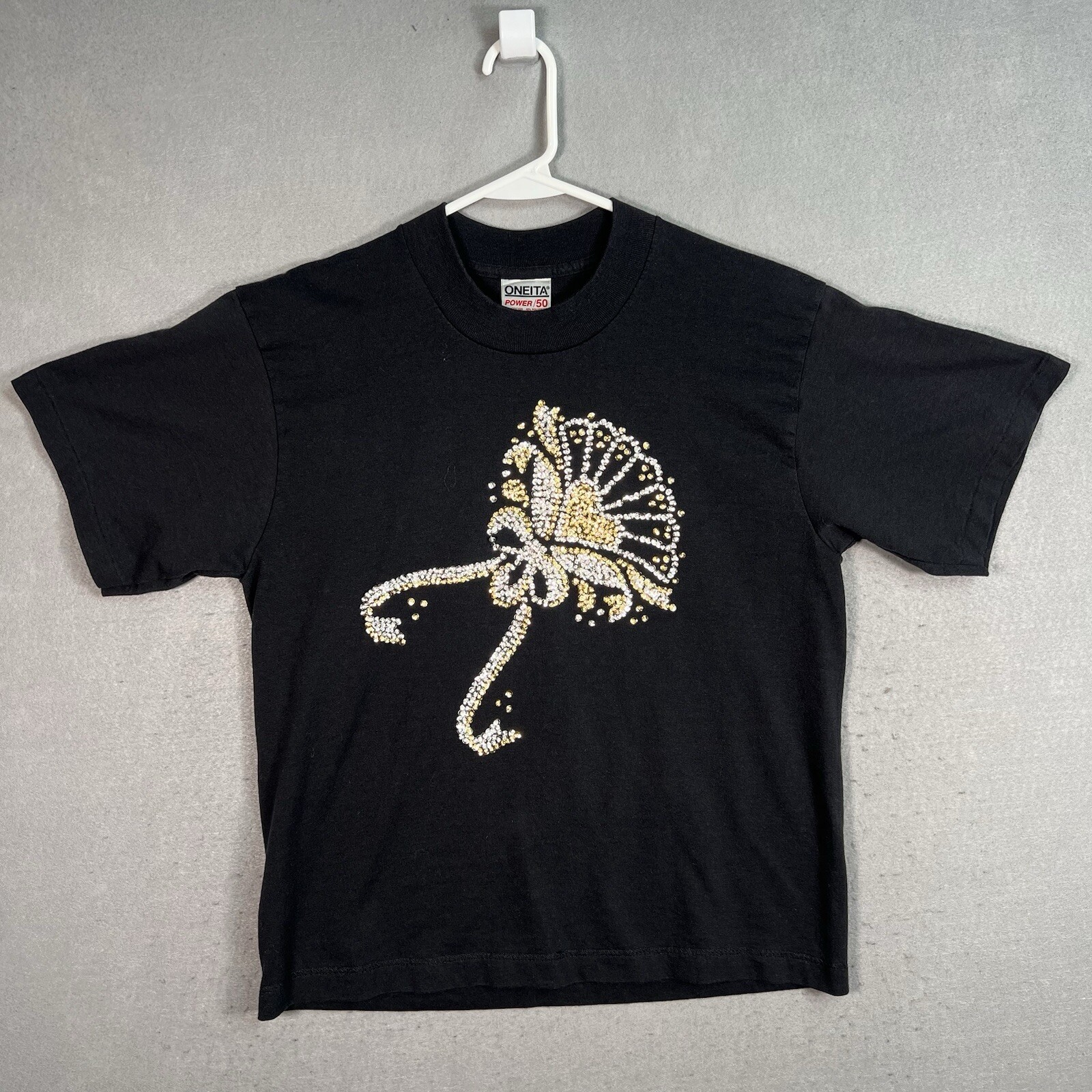 Vintage 90s Oneita Broach Cute Embellish T Shirt Womens Large Black Made In USA
