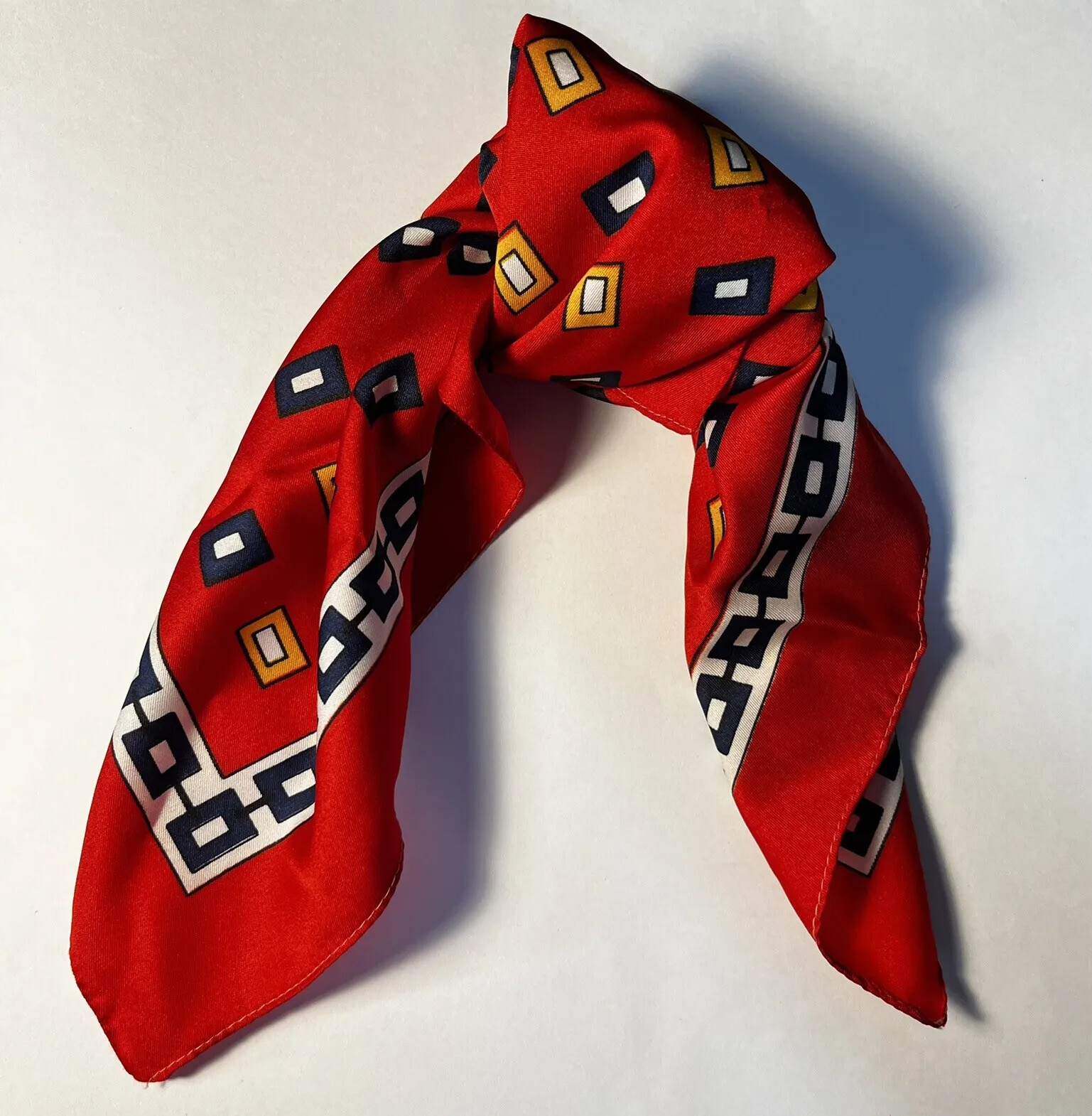 20” Red Scarf Chain Rectangles Yellow Blue White Made In Italy Polyester
