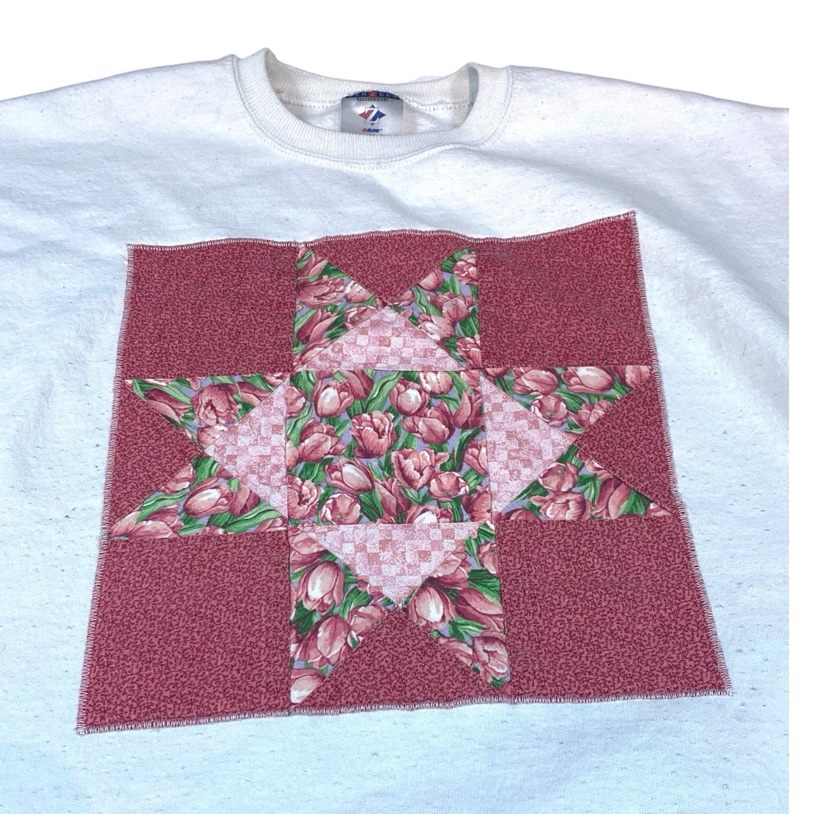 Jerzees Sweatshirt Womens Adult XL White 90s Handmade Grannycore Quilt VTG