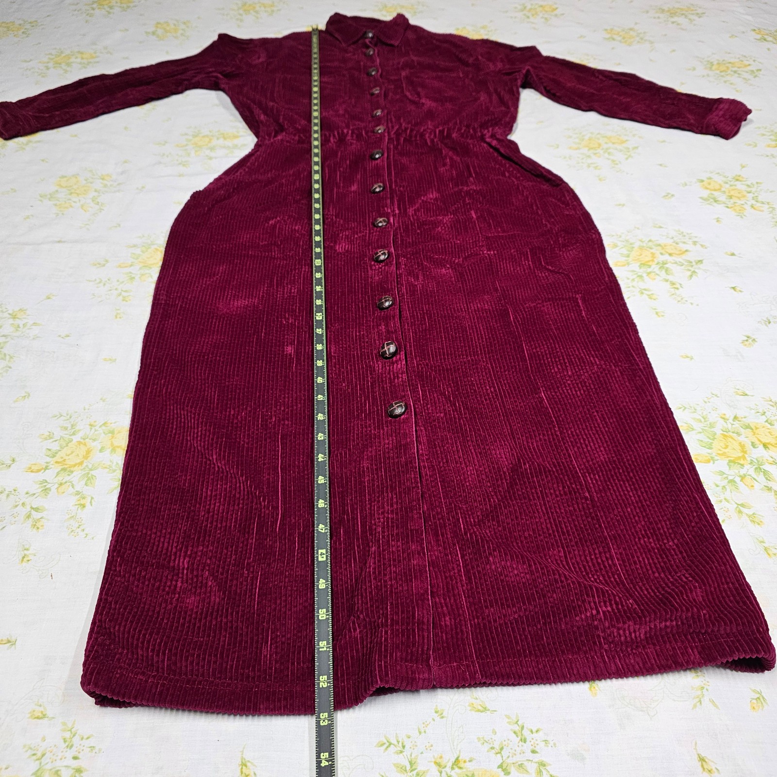 Vintage Fads Wine Red 100% Cotton Corduroy Long Sleeve Maxi Dress Prairie Modest