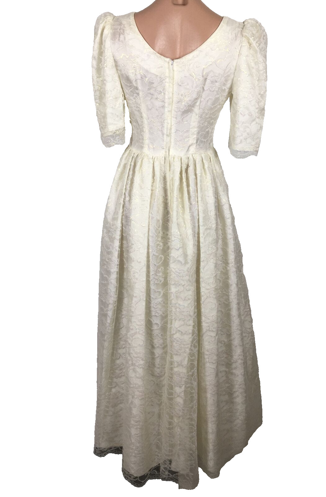 VTG 80s Puffy Sleeve Dress Floral Lace PROM Party Wedding Metallic Lame EUC S/M