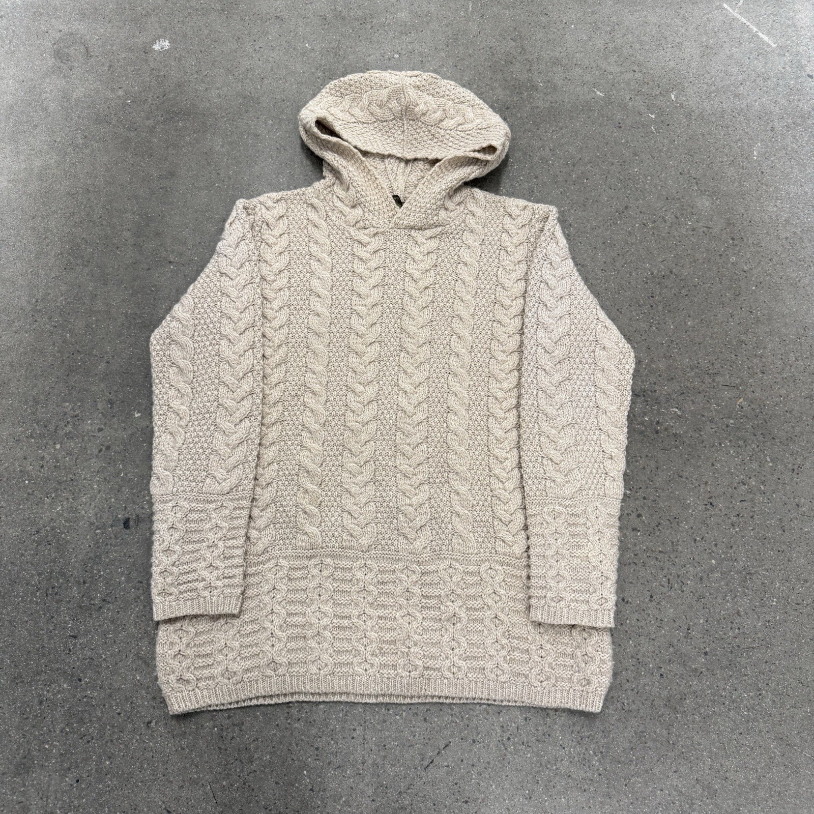 Vintage Hand Knit Chunky Cable Knit Fisherman Zip Hooded Sweater Sz Large