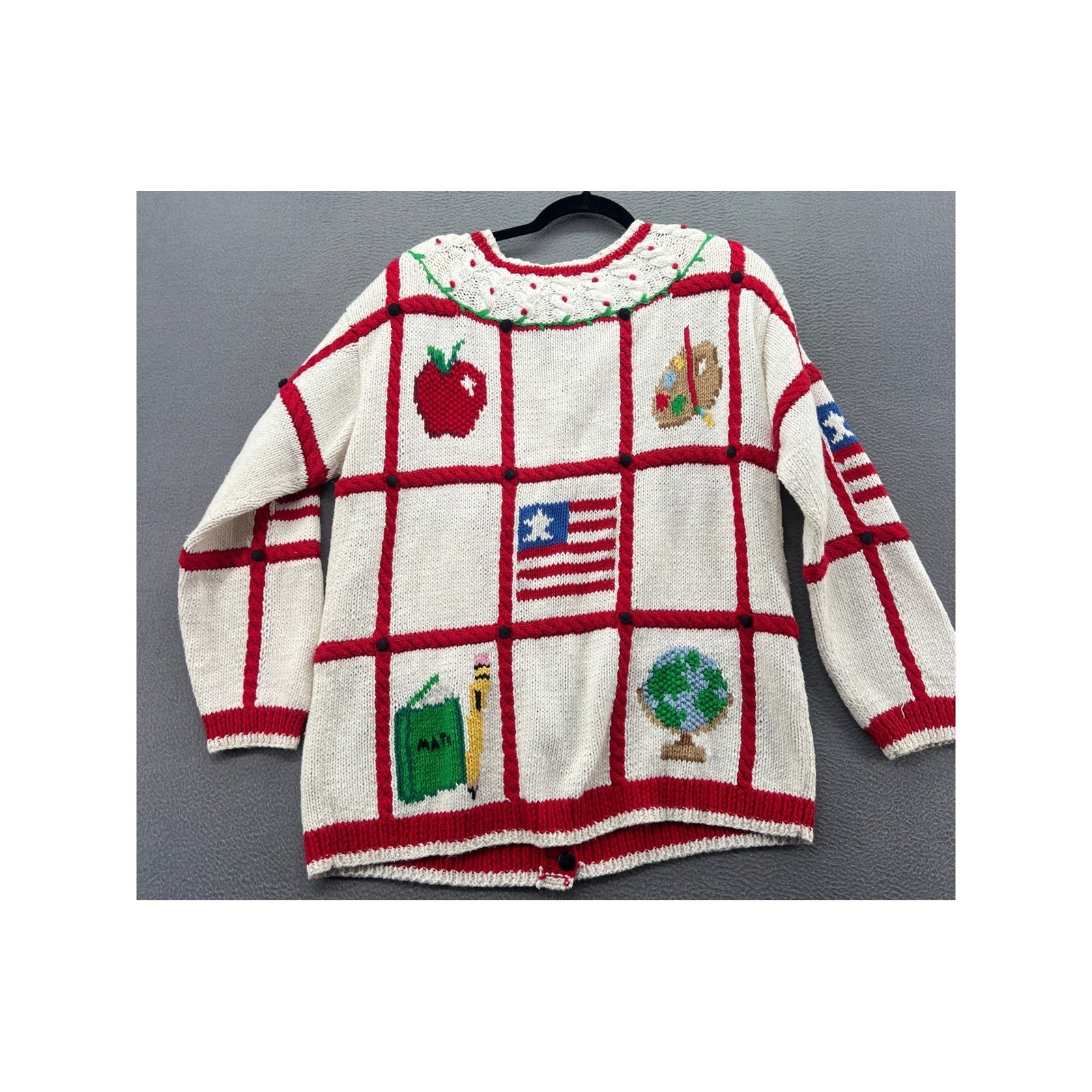 Vintage The Eagle’s Eye Hand Knit Teacher School Cardigan Sweater Cream Red 1993