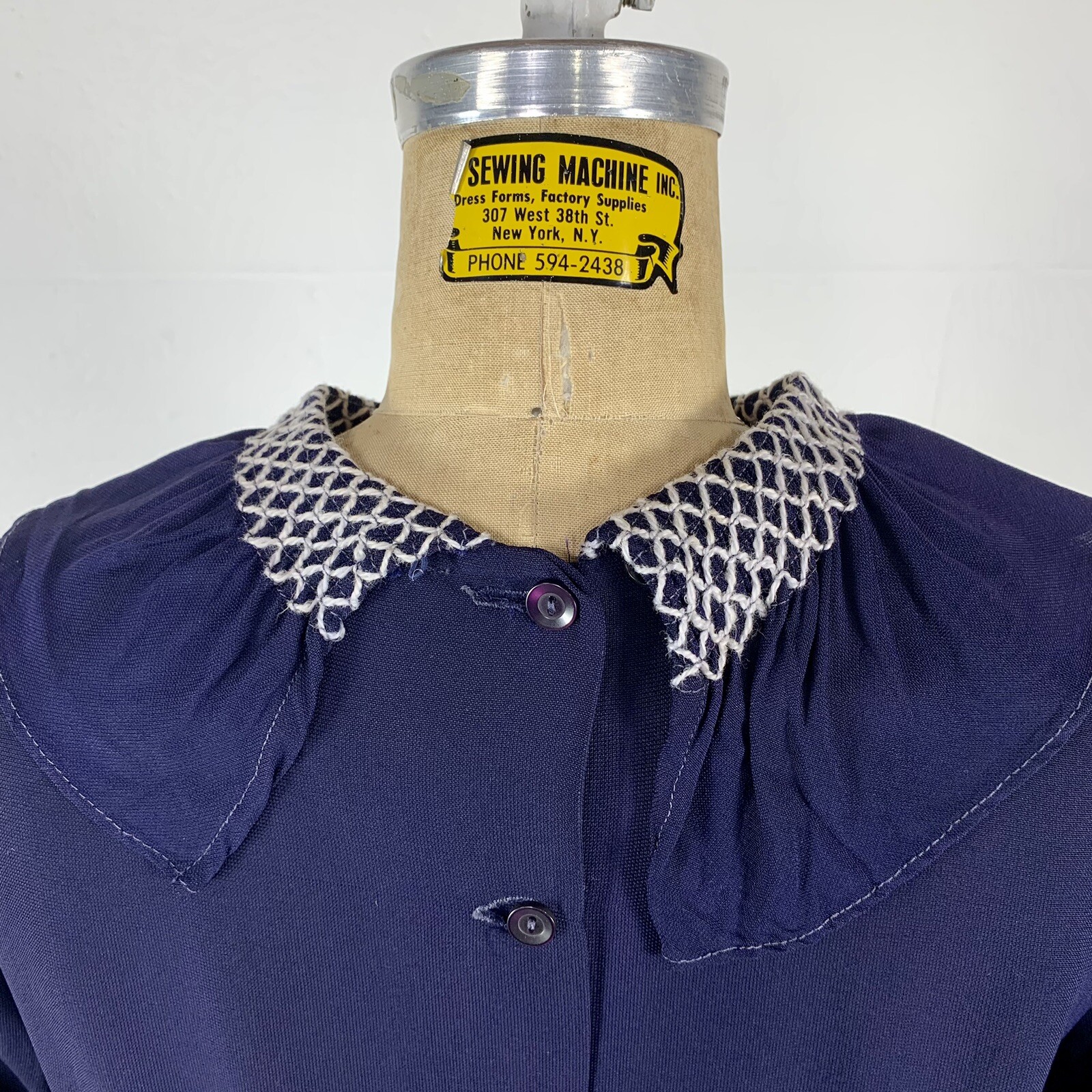 Vintage 40s Blue Crepe Back Button Blouse Smocked Collar AS IS Pattern Study S/M