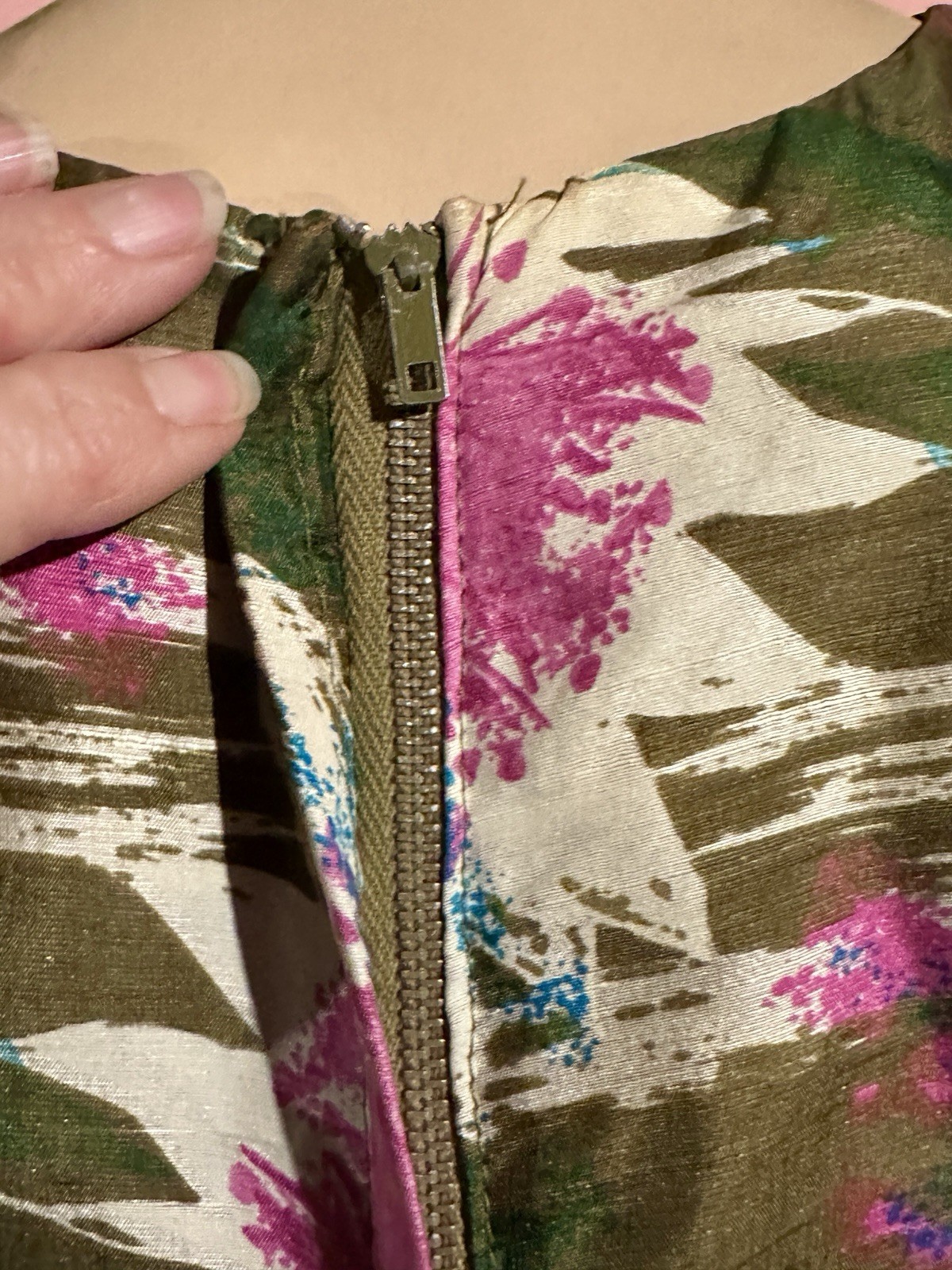 Vtg 50’s Silk Dress MCM Floral Fabric Pink, Grn Sculptured Charm Lora Lennox
