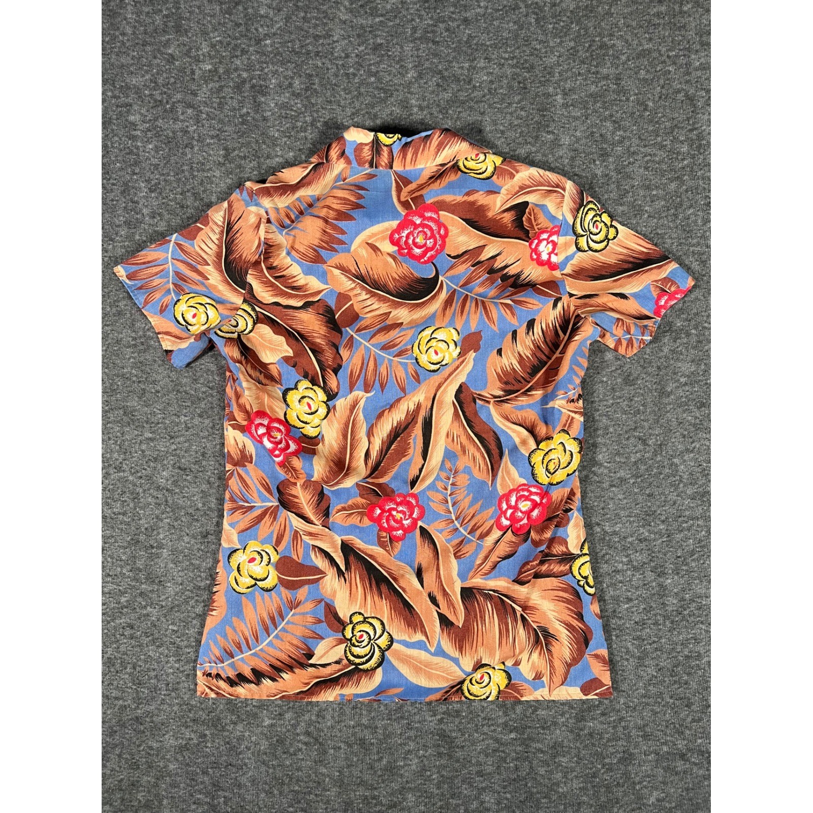 Vintage 80s Tropical Floral Button Down Shirt Short Sleeve Blue Brown RN 22636
