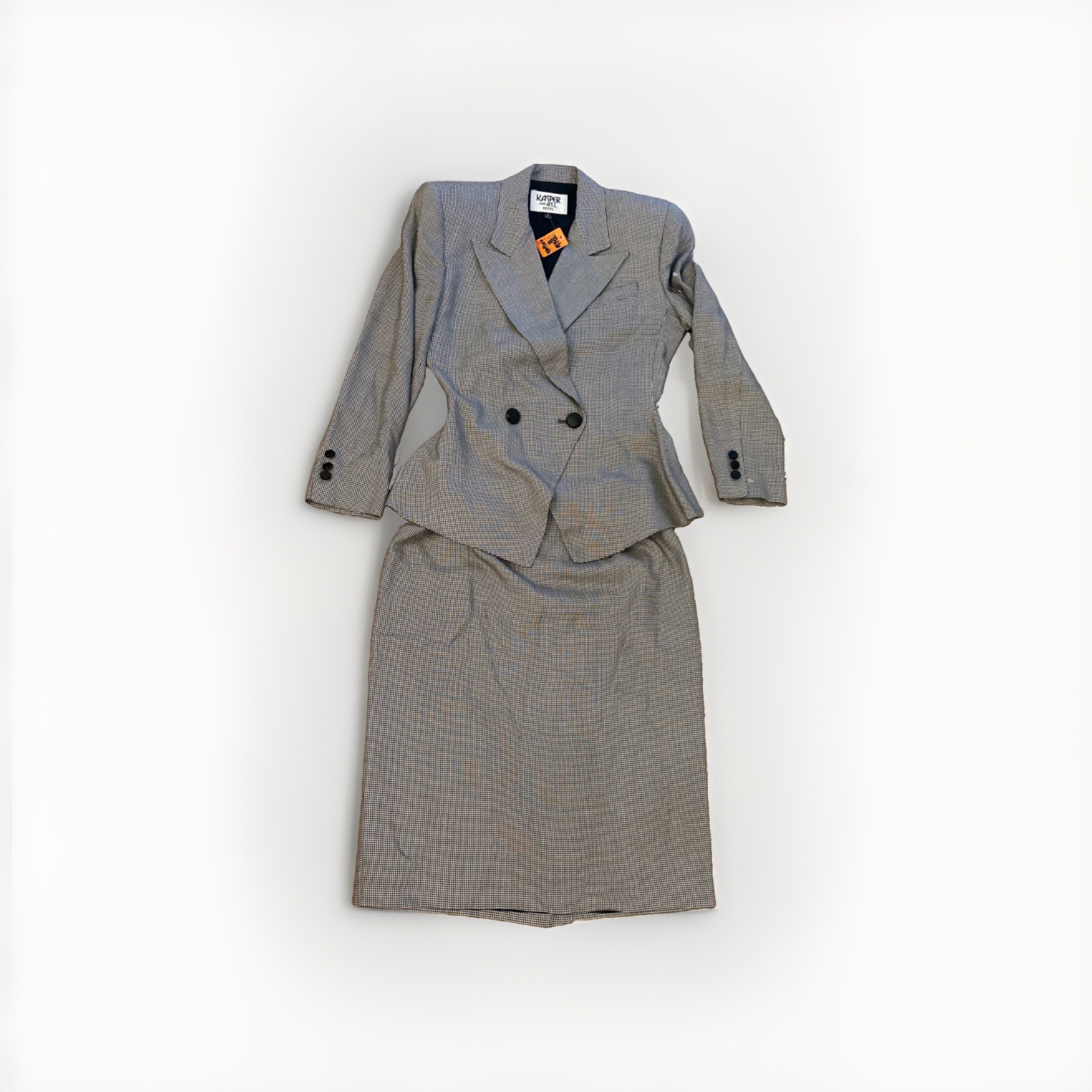 Vtg Kasper For ASL Plaid Double Breasted Blazer Skirt Set Womens Gray 8