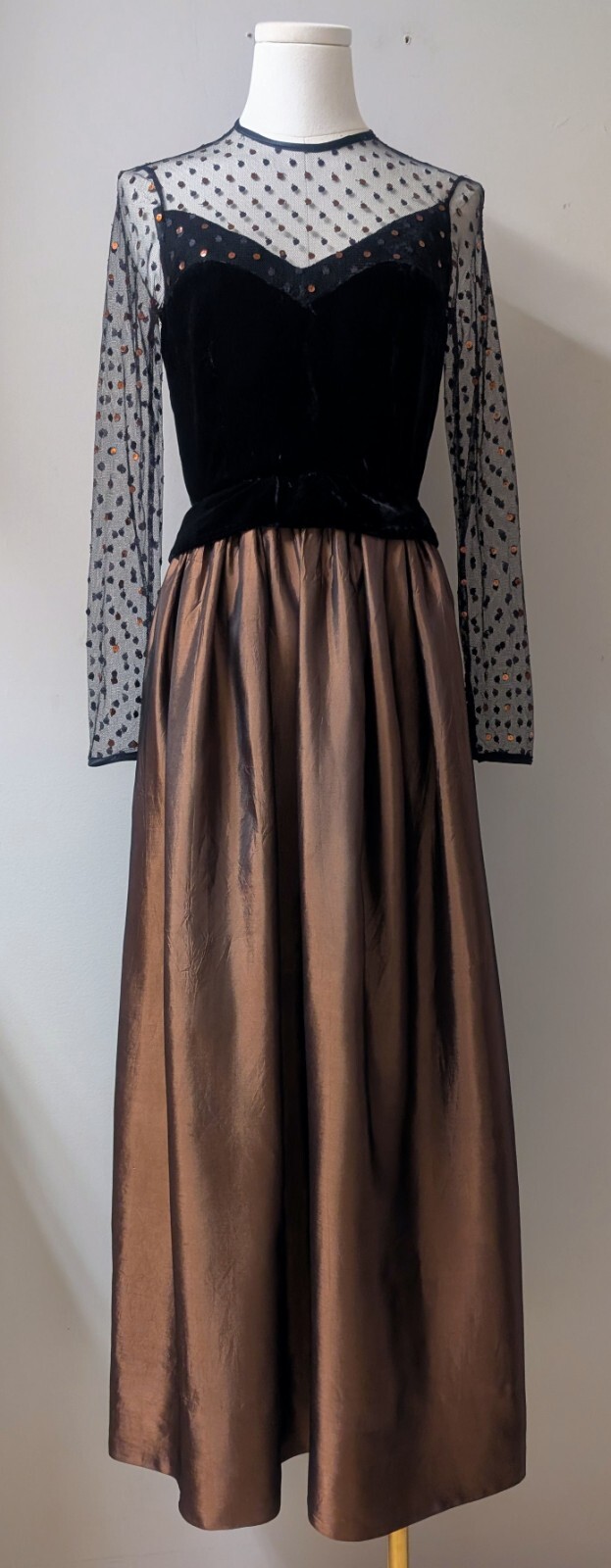 Vtg 70’s Joan Leslie By Kasper Velvet Bronze Taffeta Net Sequins Maxi Dress XS