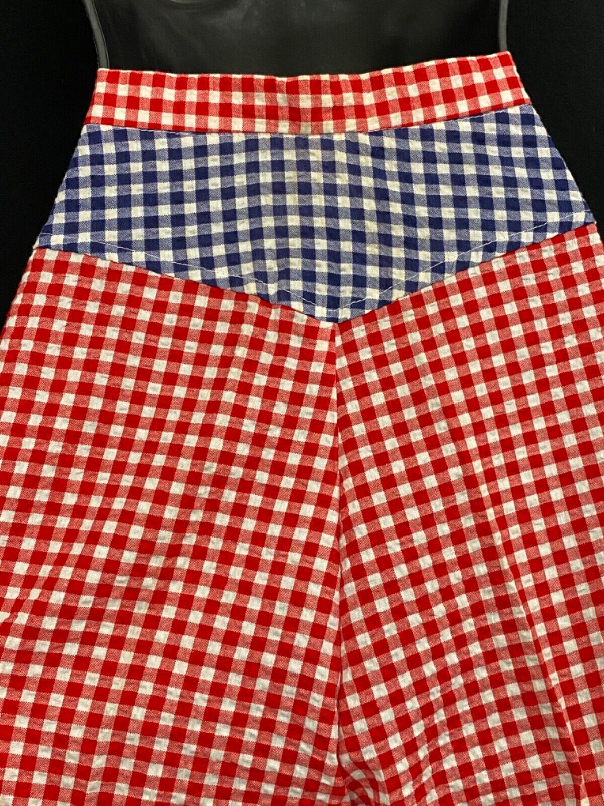 Vintage 1970s red white blue gingham pants, cotton seersucker high waist wide
