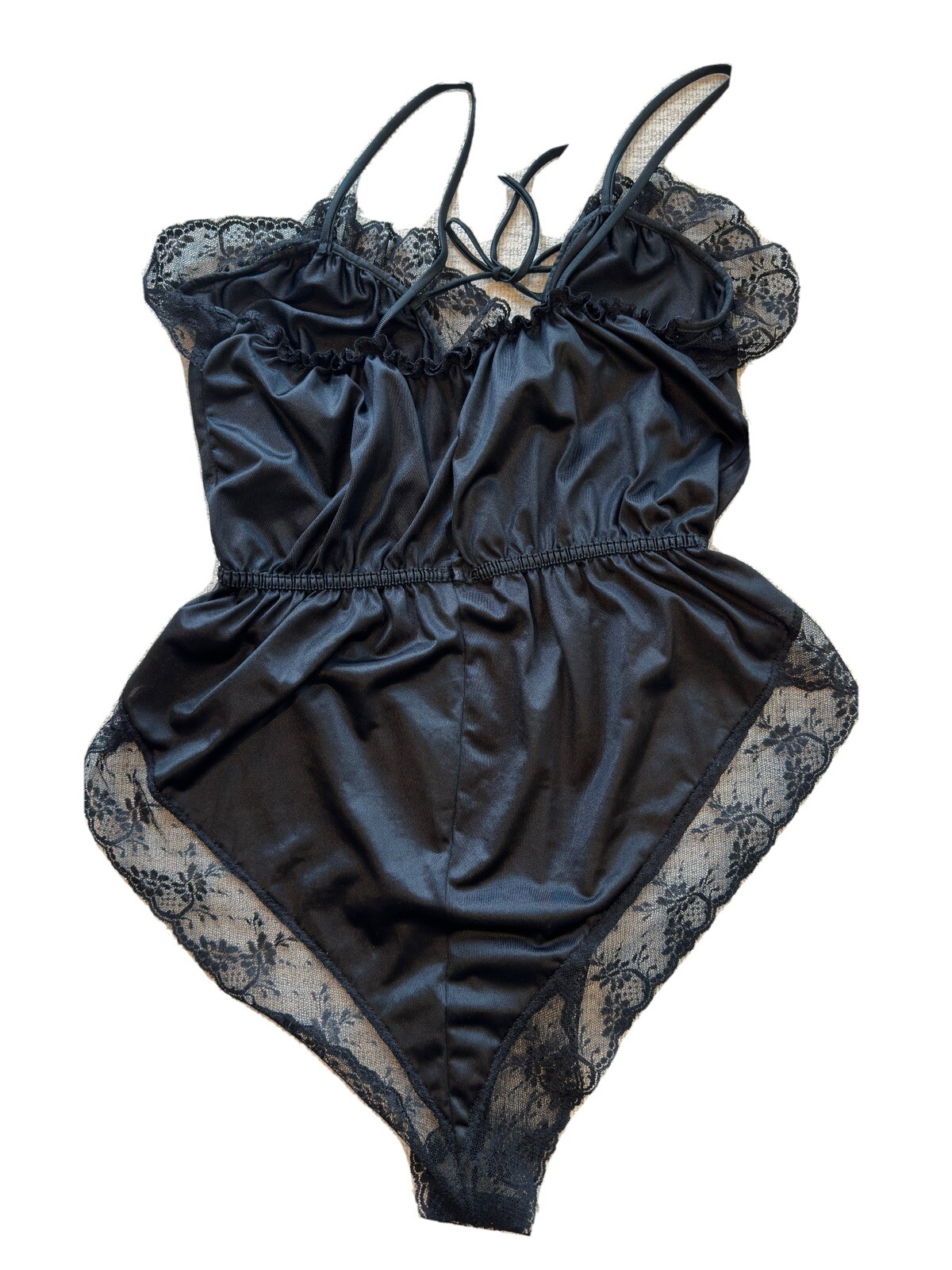 Vintage 1960s Teddie Pandora Lingerie by Chic Lace Satin Sexy High Leg Black LRG