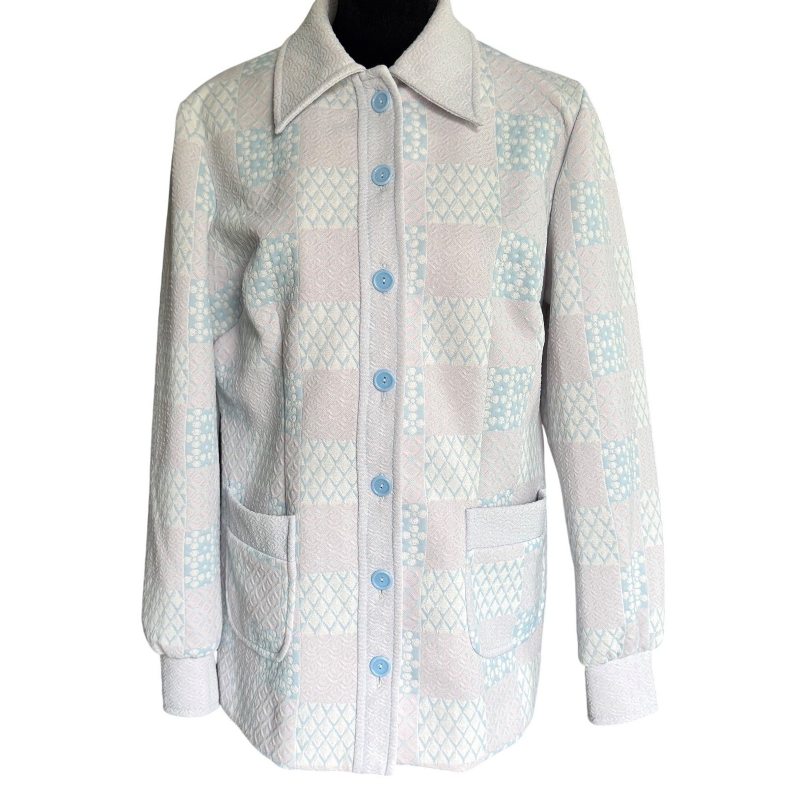 Vintage 70s Pastel Patchwork Grandmacore Blue Pink Geometric Button Front Medium