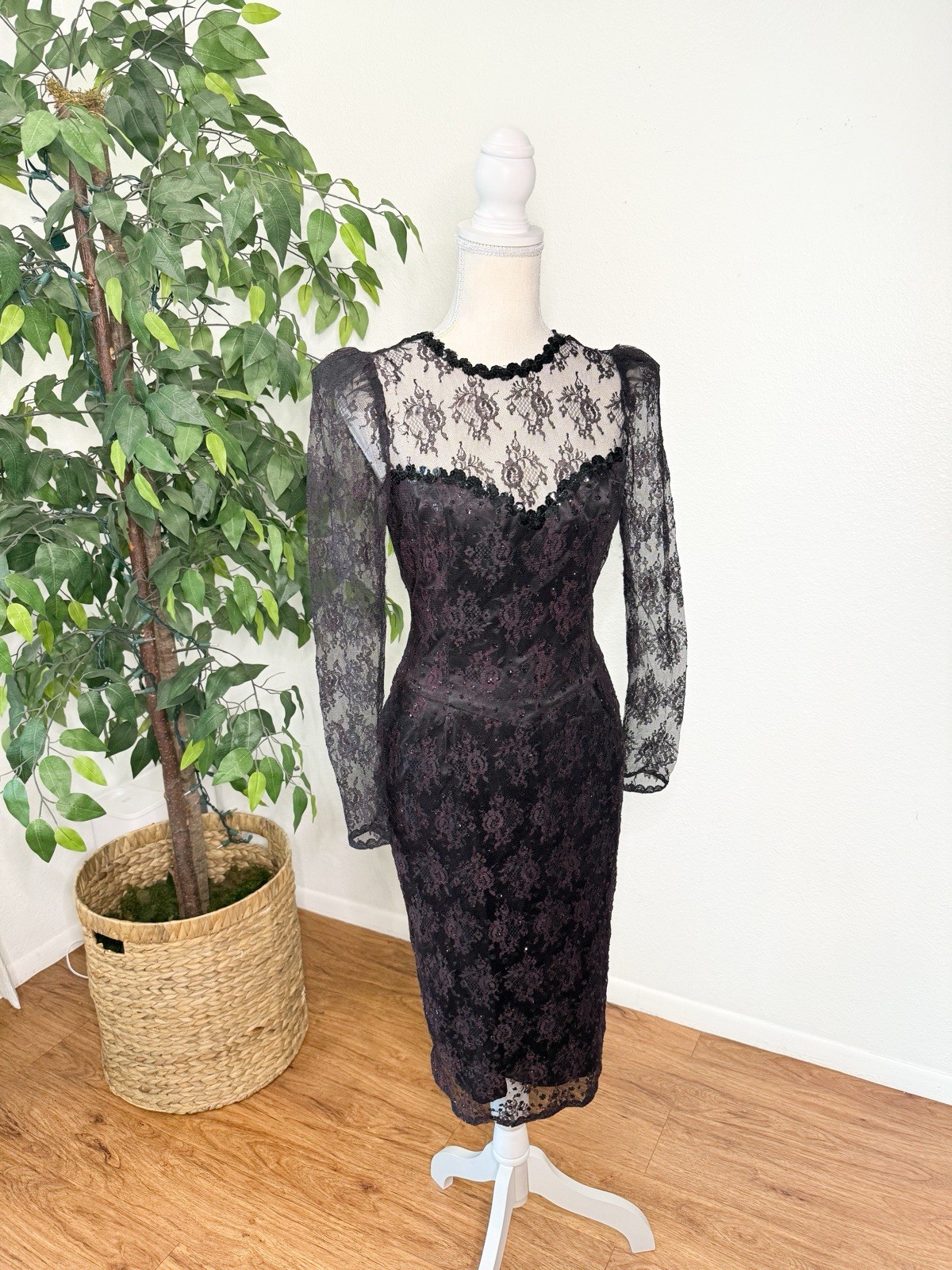 Vintage Gunne Sax Jessica McClintock Black Purple Lace Midi Dress Size 7