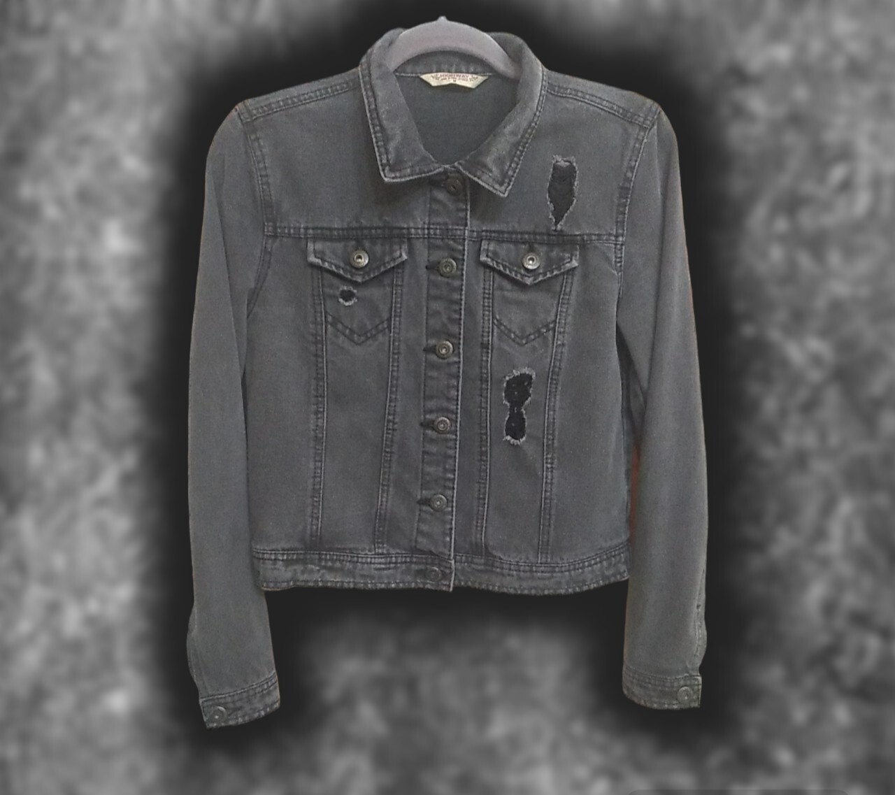 JEAN JACKET BLACK VINTAGE Y2K HIGHWAY Size M SLIGHTLY DISTRESSED POCKETS
