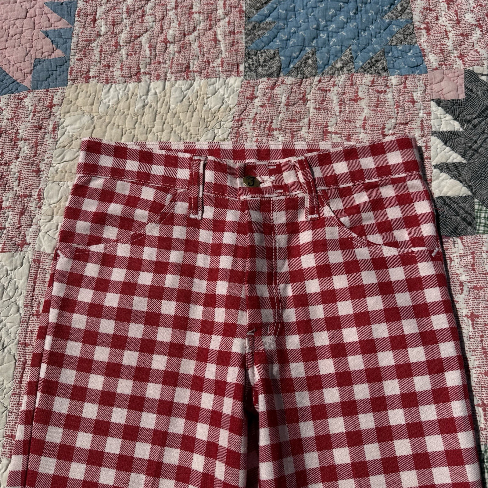 1970s Farah red & White gingham flared Pants Size 26 Waist X 27 L