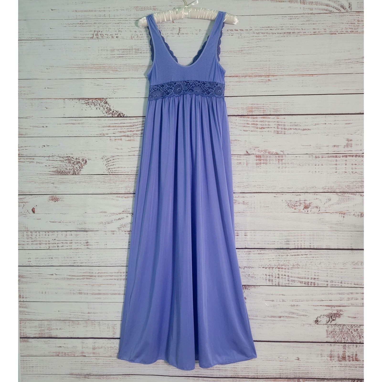 Vintage Shadowline Nightgown Long Periwinkle Blue Purple Lace Bodice Maxi