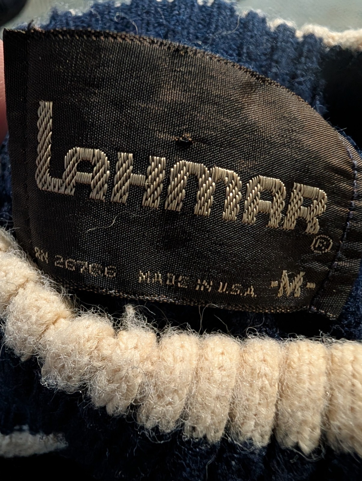 Vintage 1960 1970 Lahmar Women’s navy blue and ivory cable knit sweater