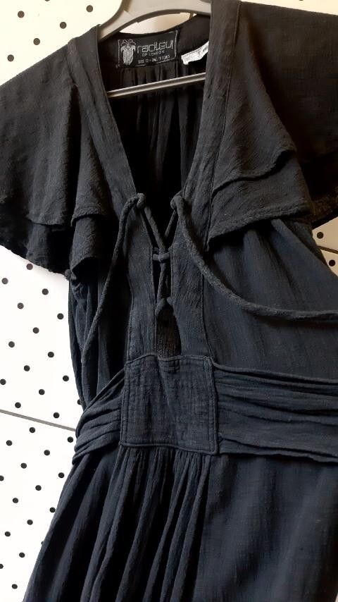 Vintage RADLEY London Black Maxi Sexy Cotton Dress Wing Sleeves Size 12-36″/91cm