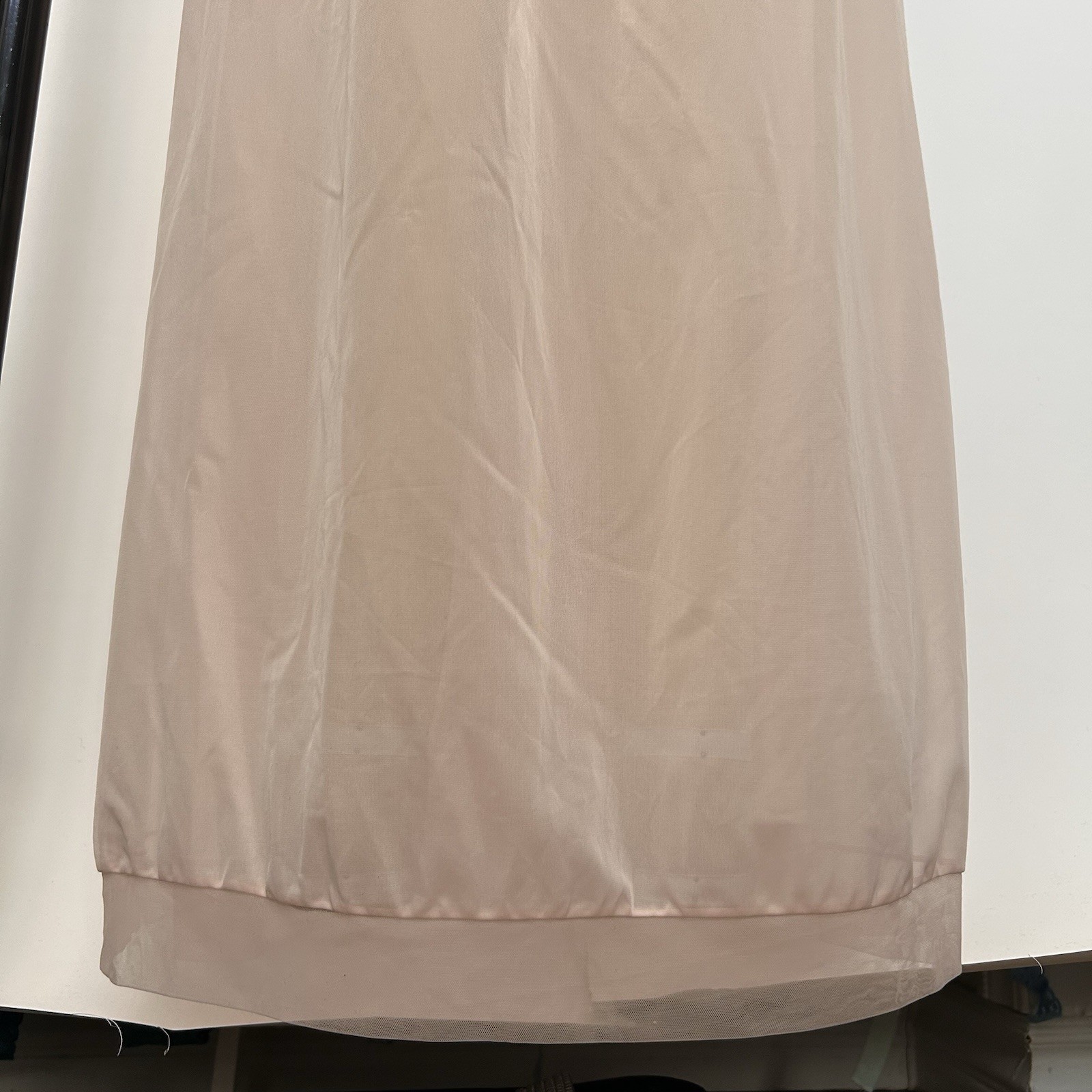 Pink sheer vintage maxi dress with damaged lace trim and ruffle details.