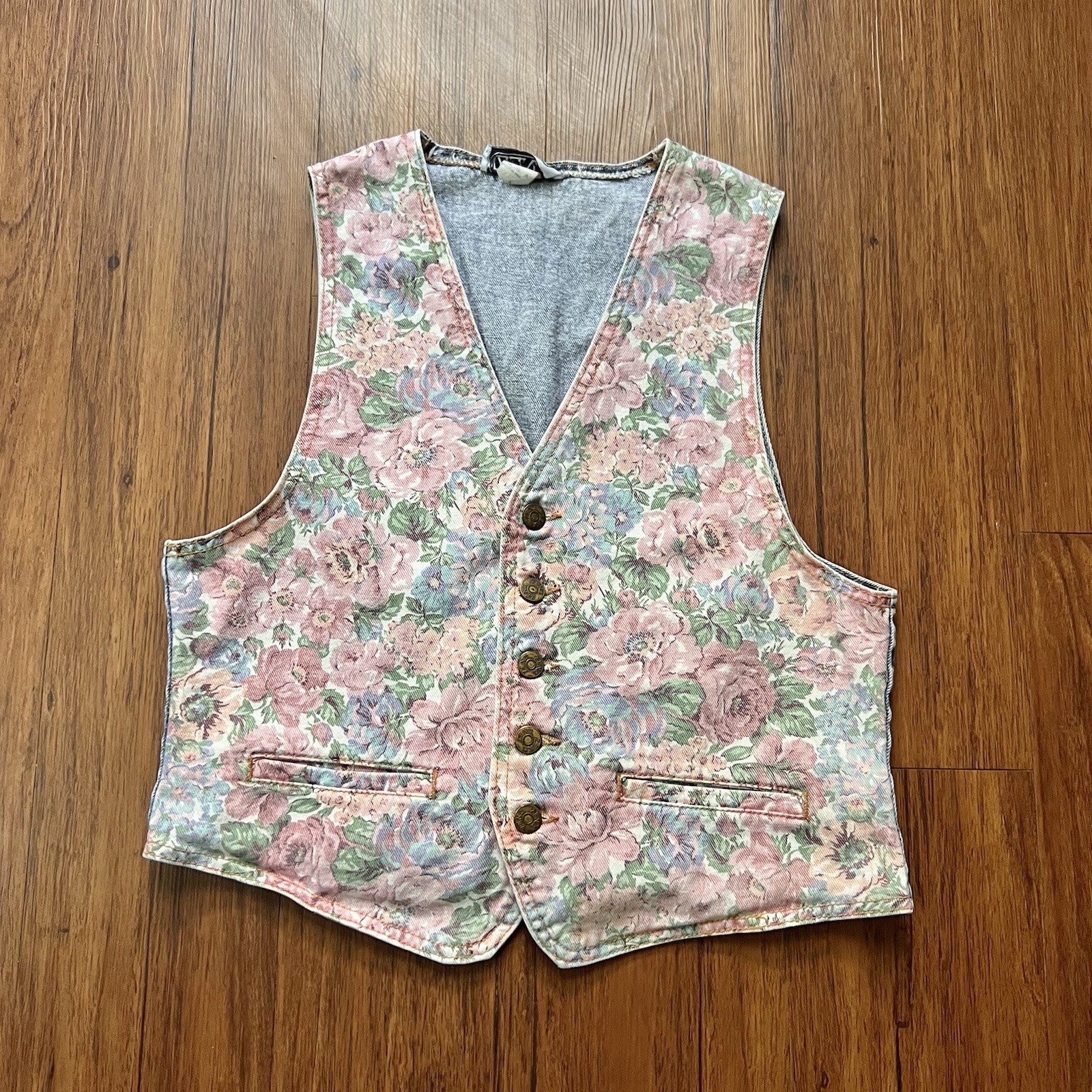 Vintage Zena Floral Denim Vest Large Womens Acid Wash Cottagecore Made in USA