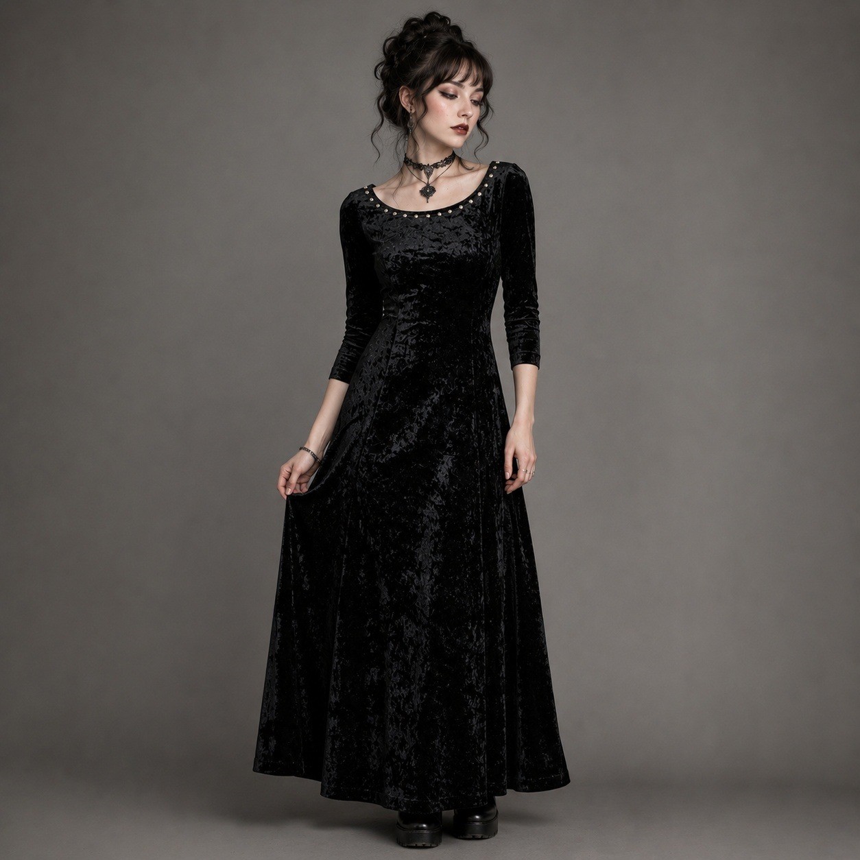 Vintage 90s Black Crushed Velvet Maxi Dress Goth Grunge Whimsygoth Size S