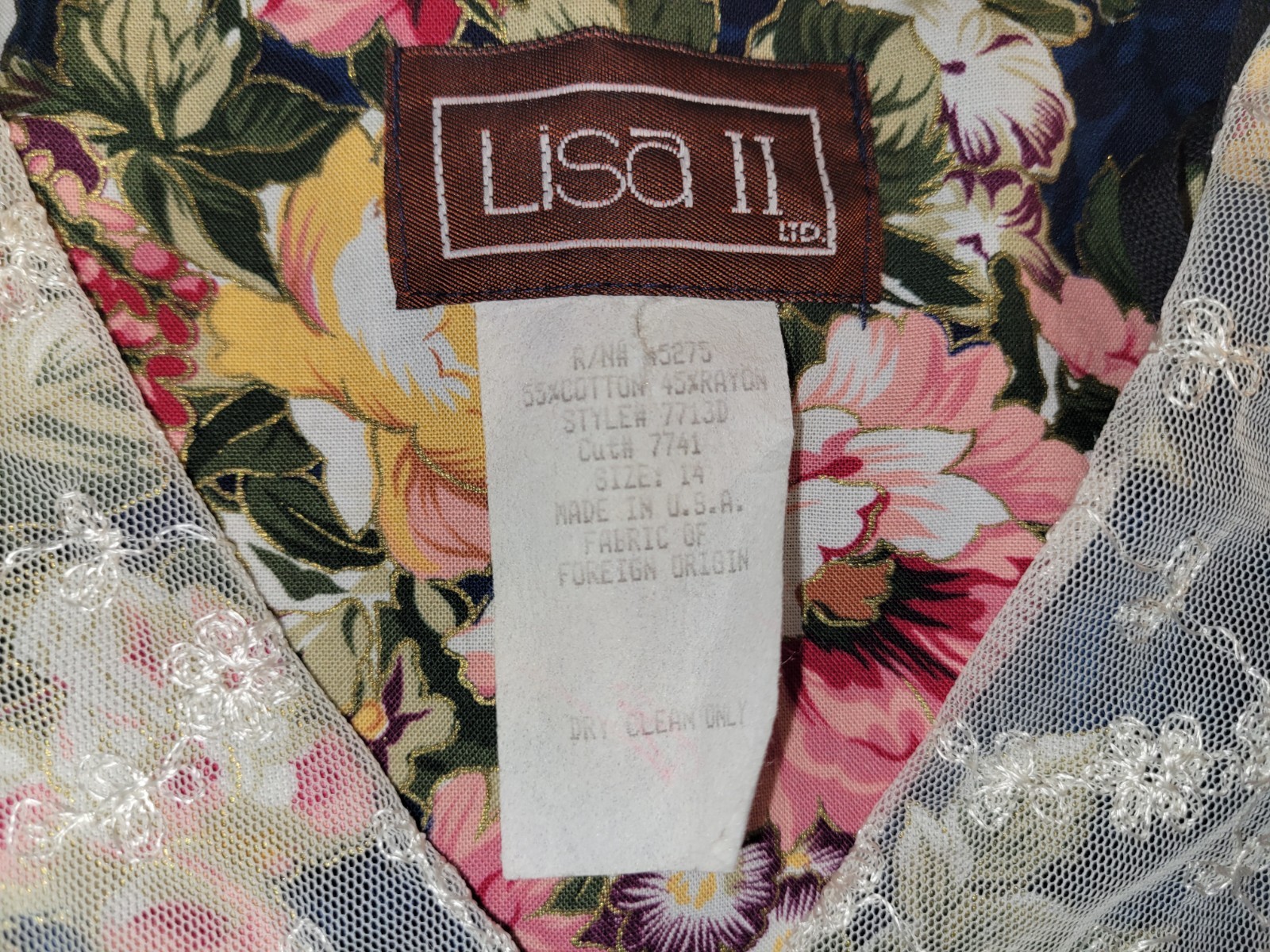 Vintage 80’s Floral Lisa II 14P Blue Modest Dress Retro Lace Collar Garden Party