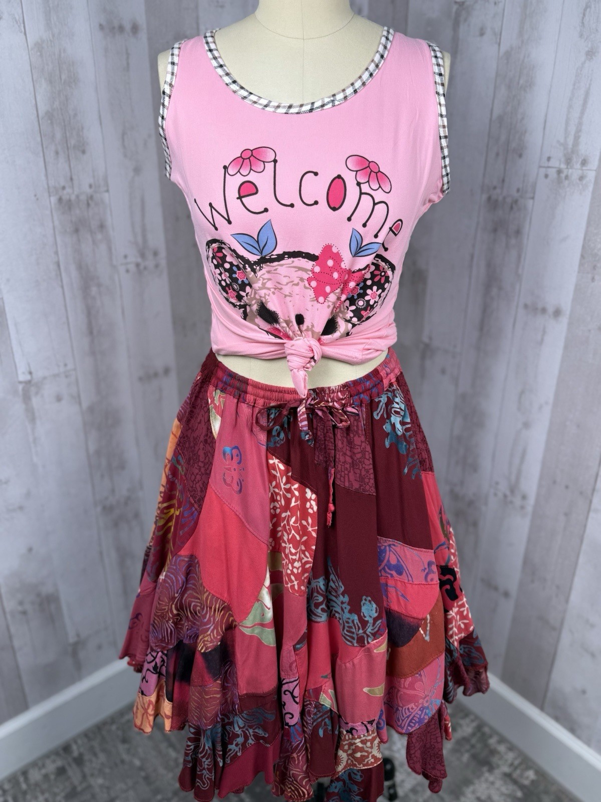 Vintage 1980s Patchwork Skirt Elastic Waist Hot Pink/Magenta +Free Bonus Top M/L