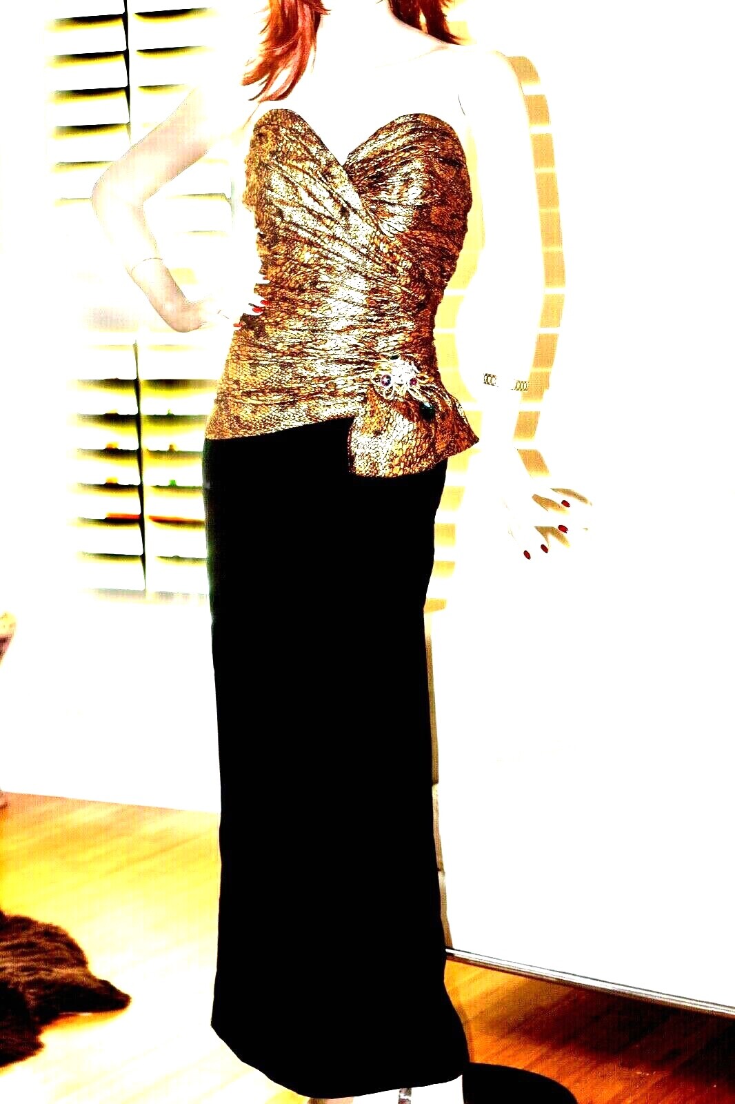 VTG 70s Eugene Alexader Formal Long Gold Black Velvet Evening Dress Sz10