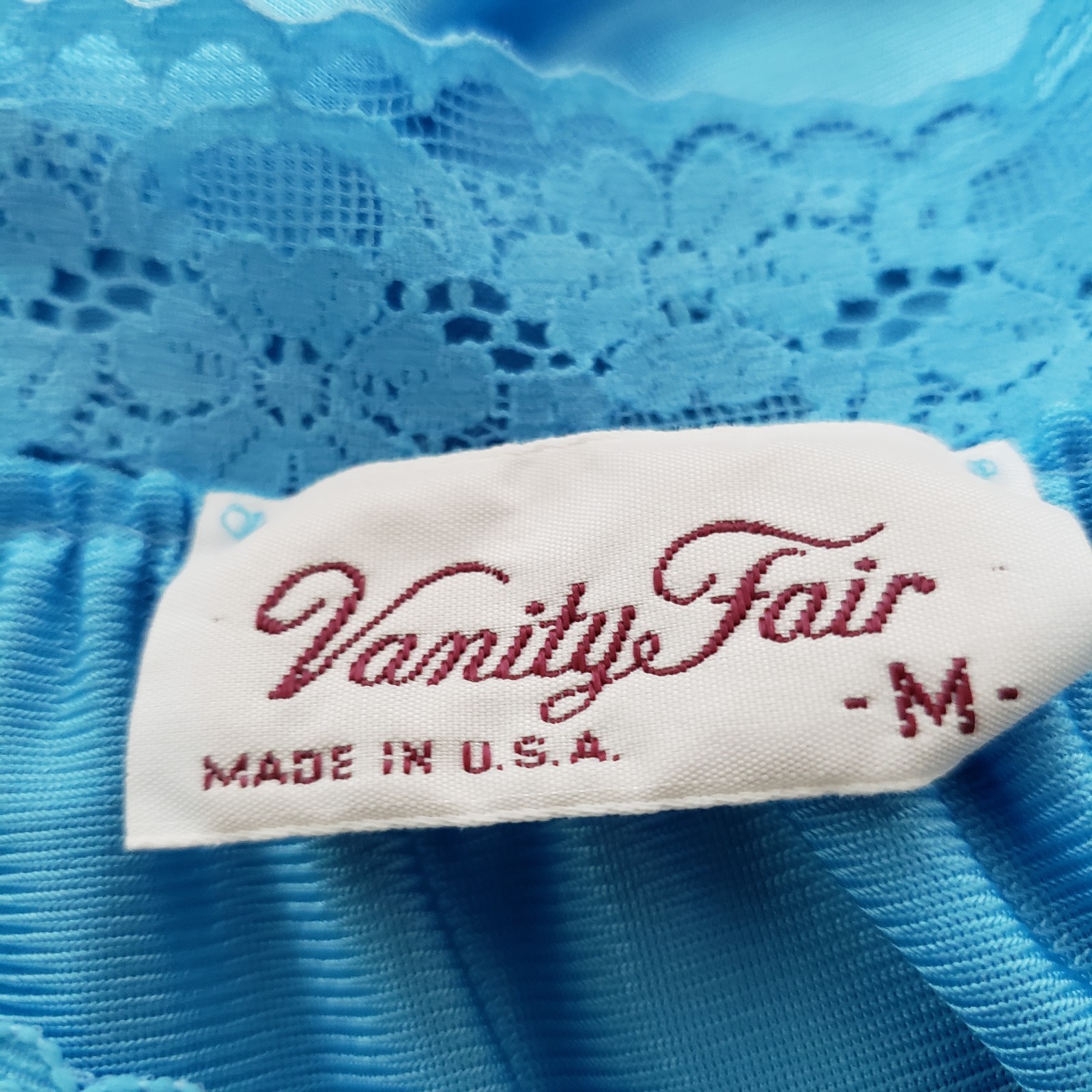 Vintage Vanity Fair Satin Nightgown MED Embroidered Flowers Lace Trim USA Blue