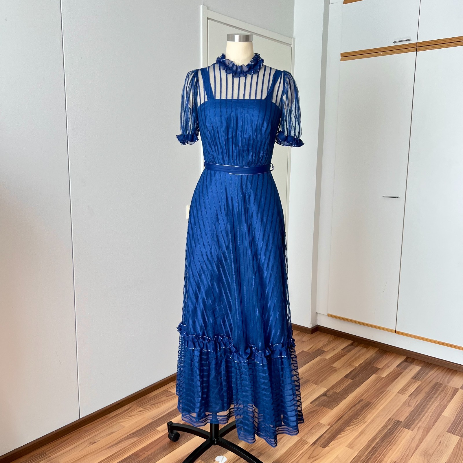 1970s Romantic Prairie Maxi Dress Blue Lace Cottagecore Aline Retro Cocktail 36