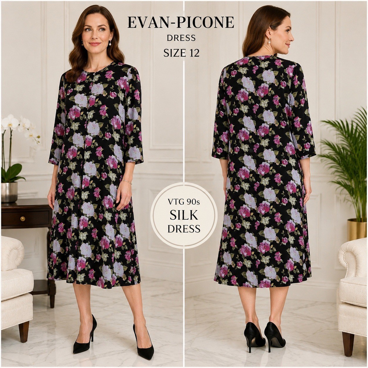 Evan-Picone Vintage 90s Silk Floral Midi Dress 12 Black Pink Purple 3/4 Sleeve