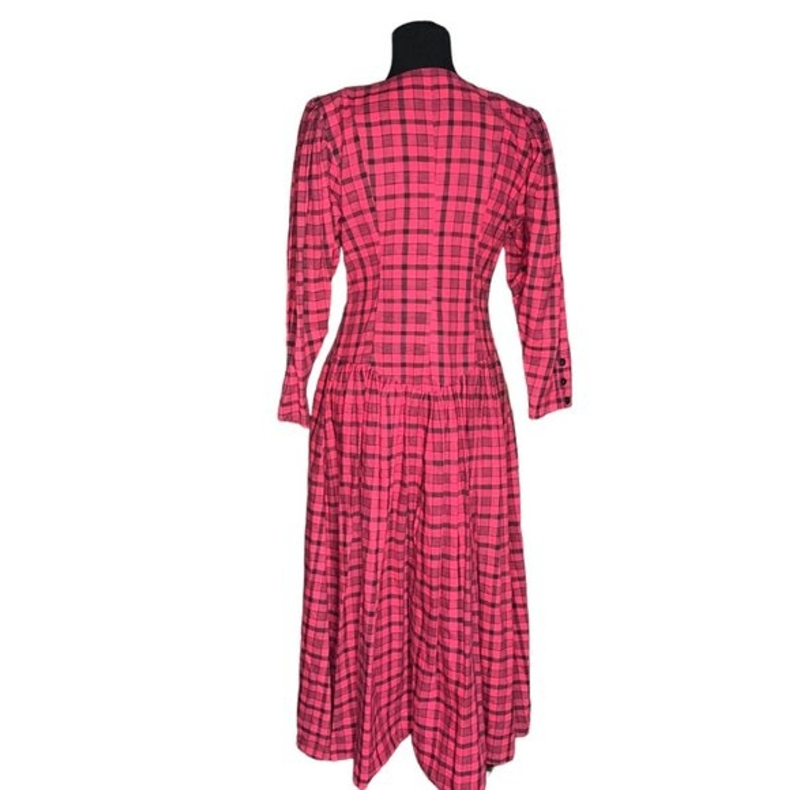 Vintage 1970s Phool plaid Maxi Dress pink black drop waist pleated size Large